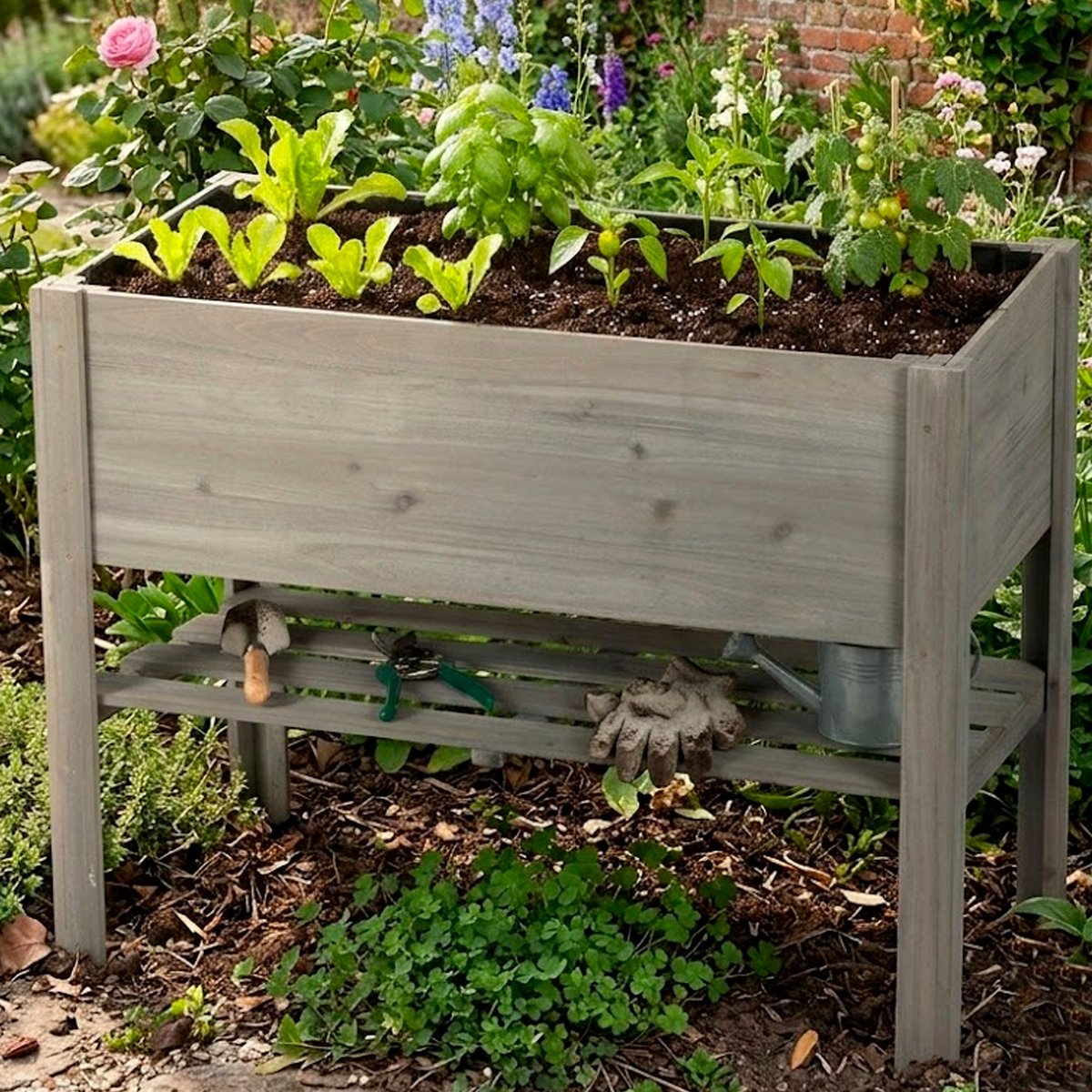 Potager sur pied en bois gris 80.5x40x78.5cm bois, SUNNYDAYS