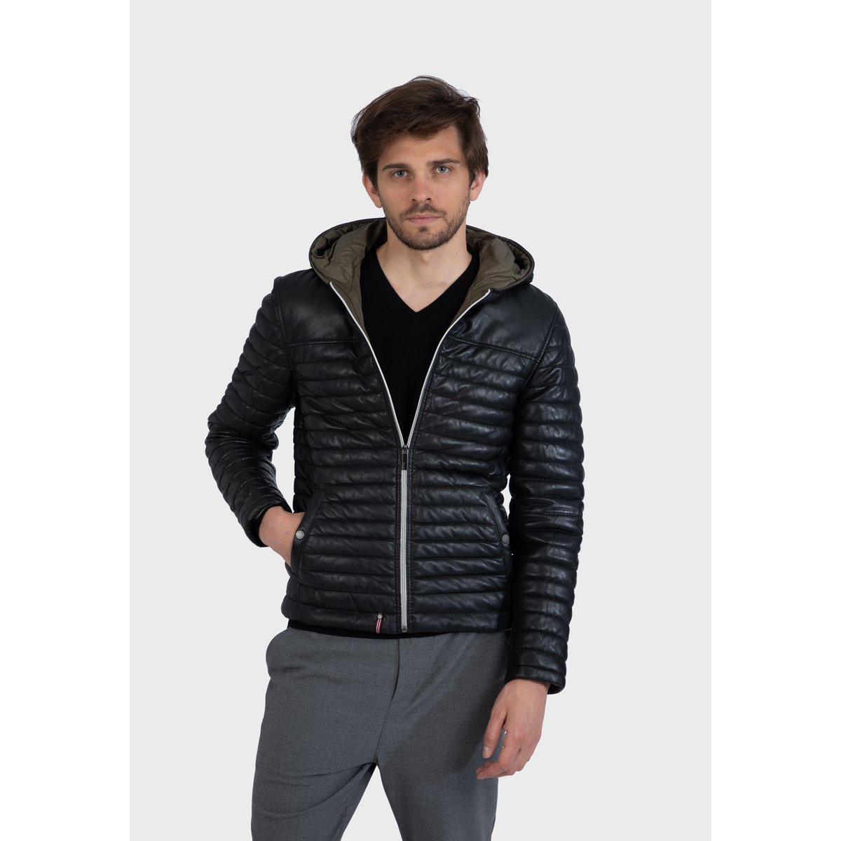 Doudoune en cuir avec capuche AURELIEN3 noir, OAKWOOD