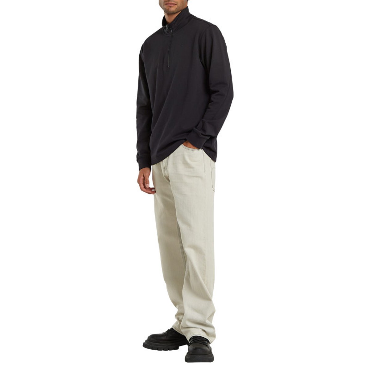 Pull en coton biologique noir uni avec une coupe droite et un col montant noir, G-Star RAW