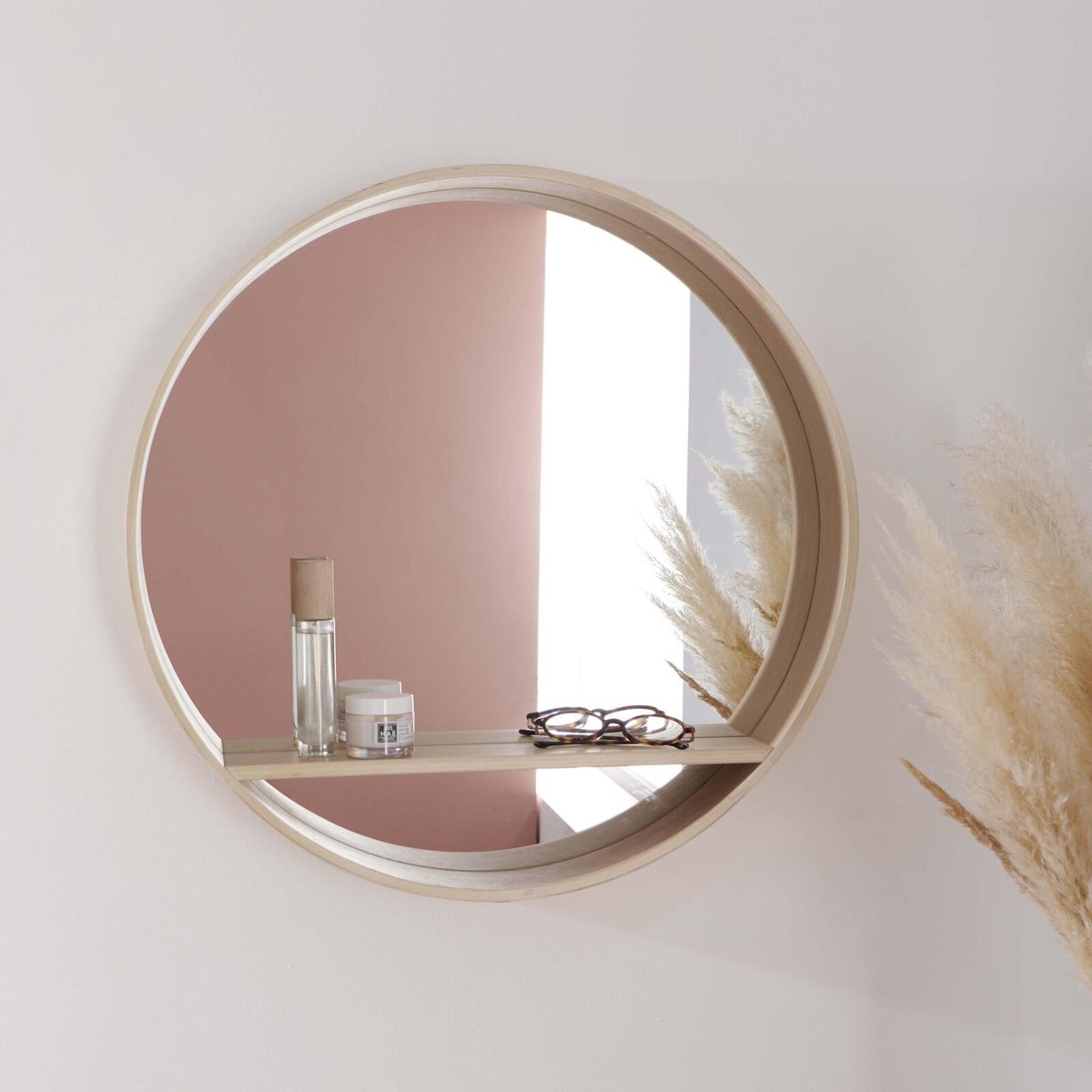Miroir rond en chêne avec étagère OBLO chêne, MOB IN