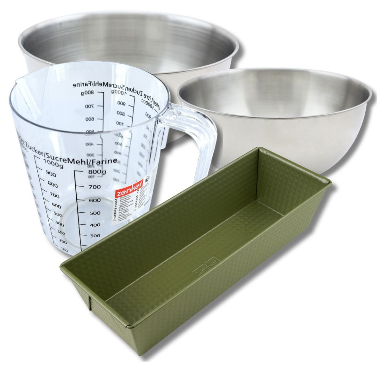 Set pâtisserie moule à cake, 2 bols, verre mesureur et spatule vert, ZENKER