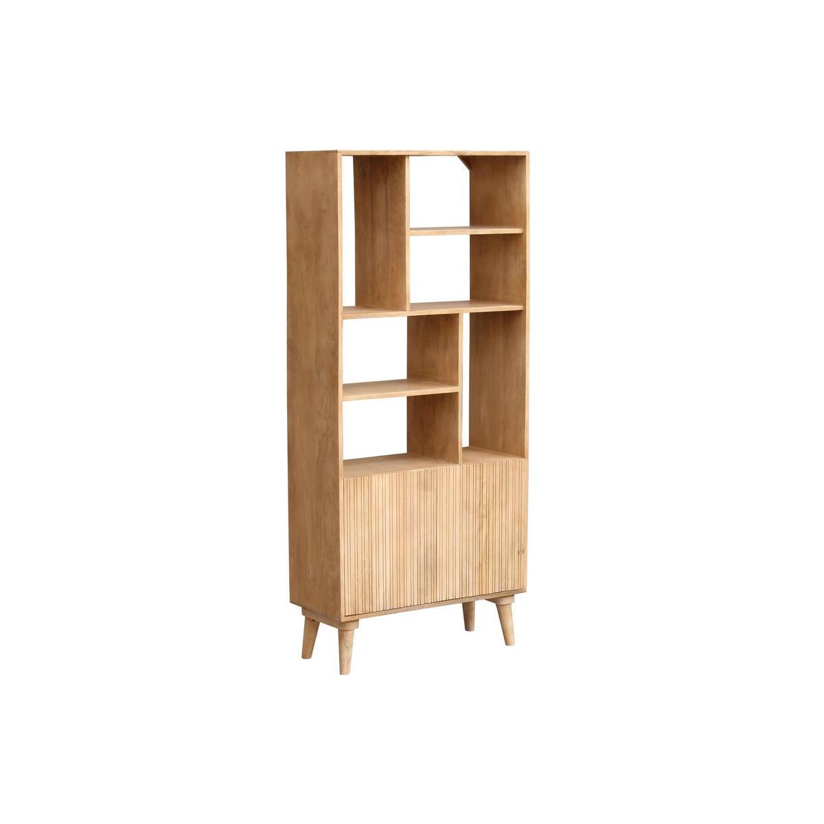 Bibliothèque en bois manguier massif 2 portes gravées L80 cm RUBIA chêne clair, MILIBOO