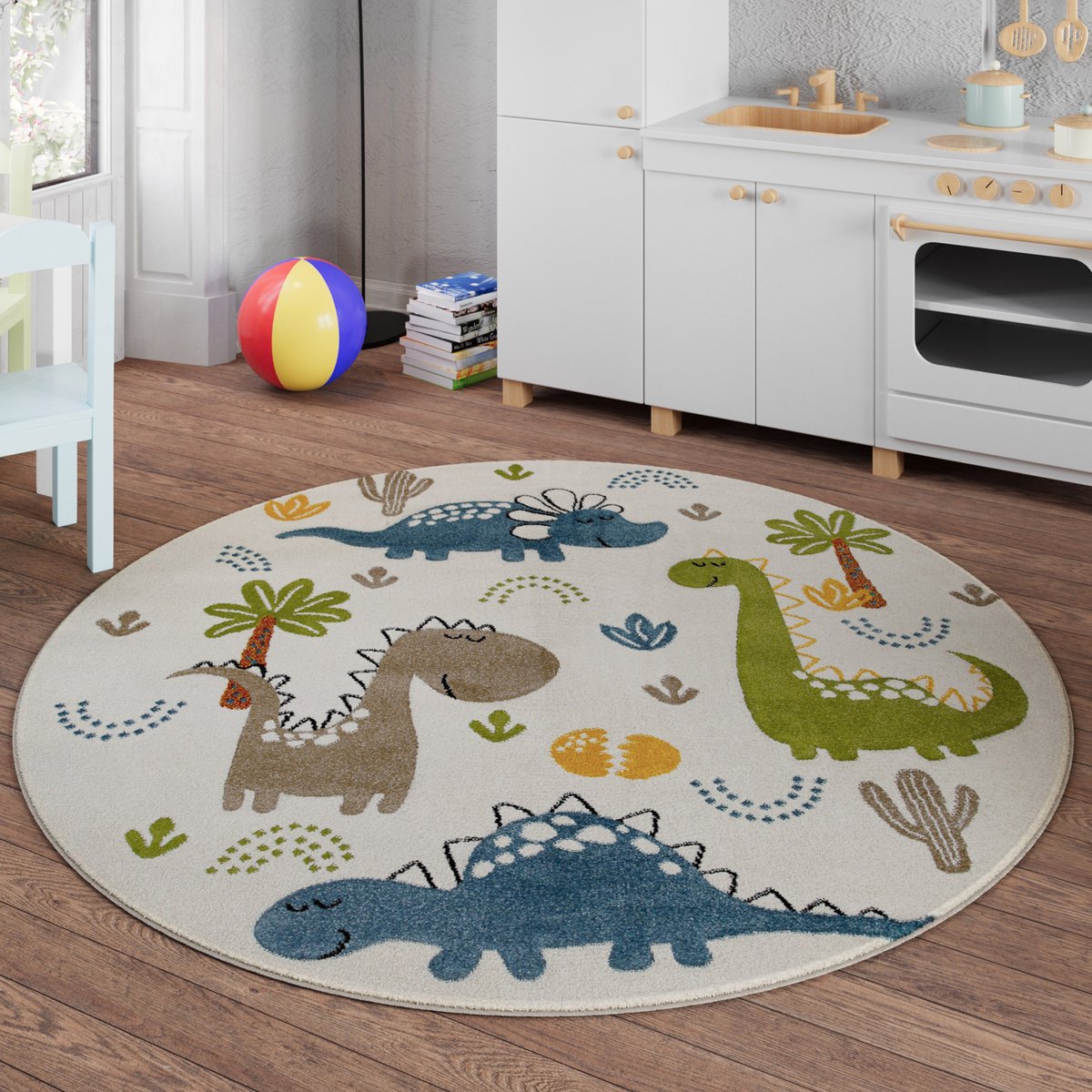 Tapis enfant rond motif dinosaures ,  Dino & Friends crème blanc, multicolore, SMART KIDS