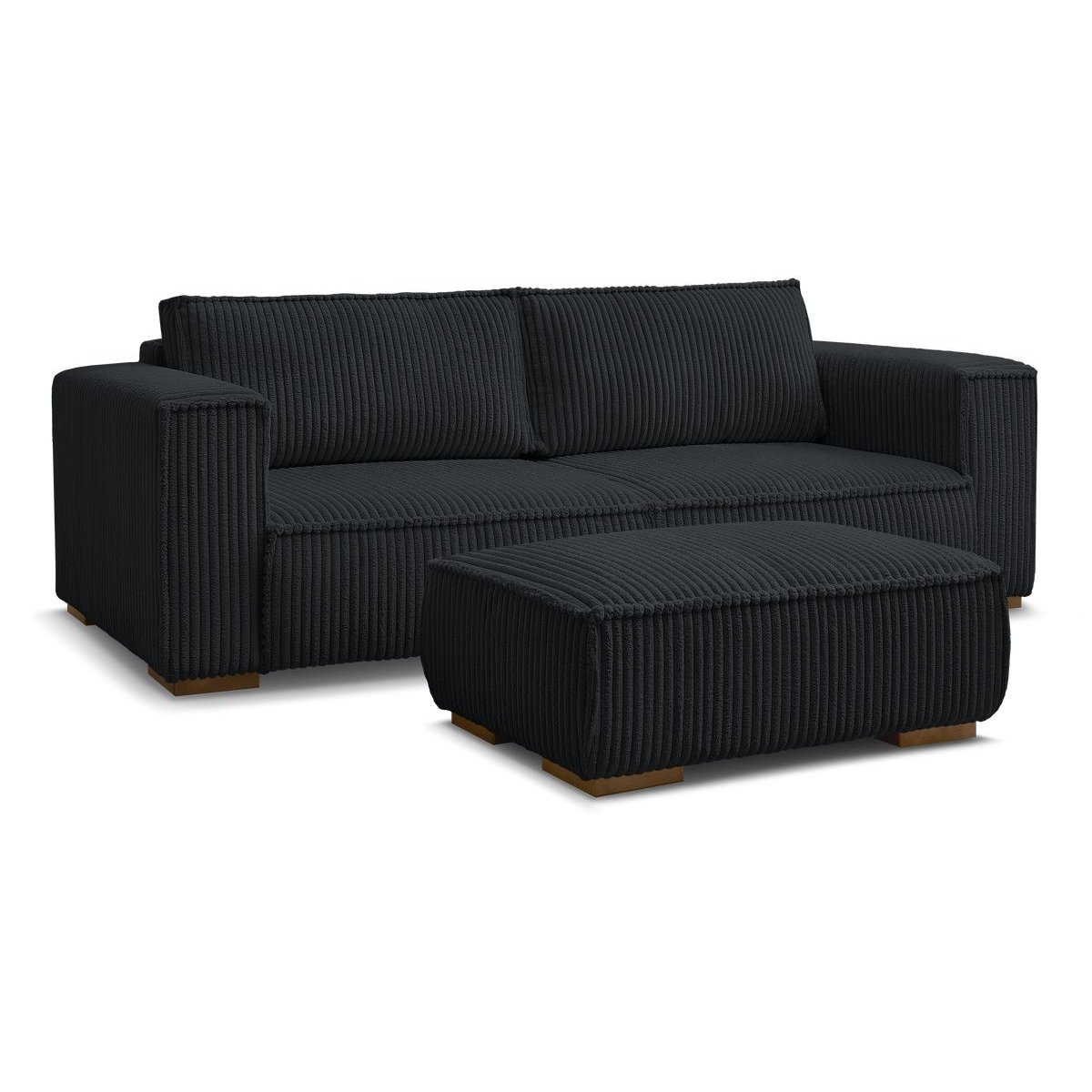 Canapé droit fixe 4 places en gros côtelé doux avec pouf, CHELSEA noir, BOBOCHIC