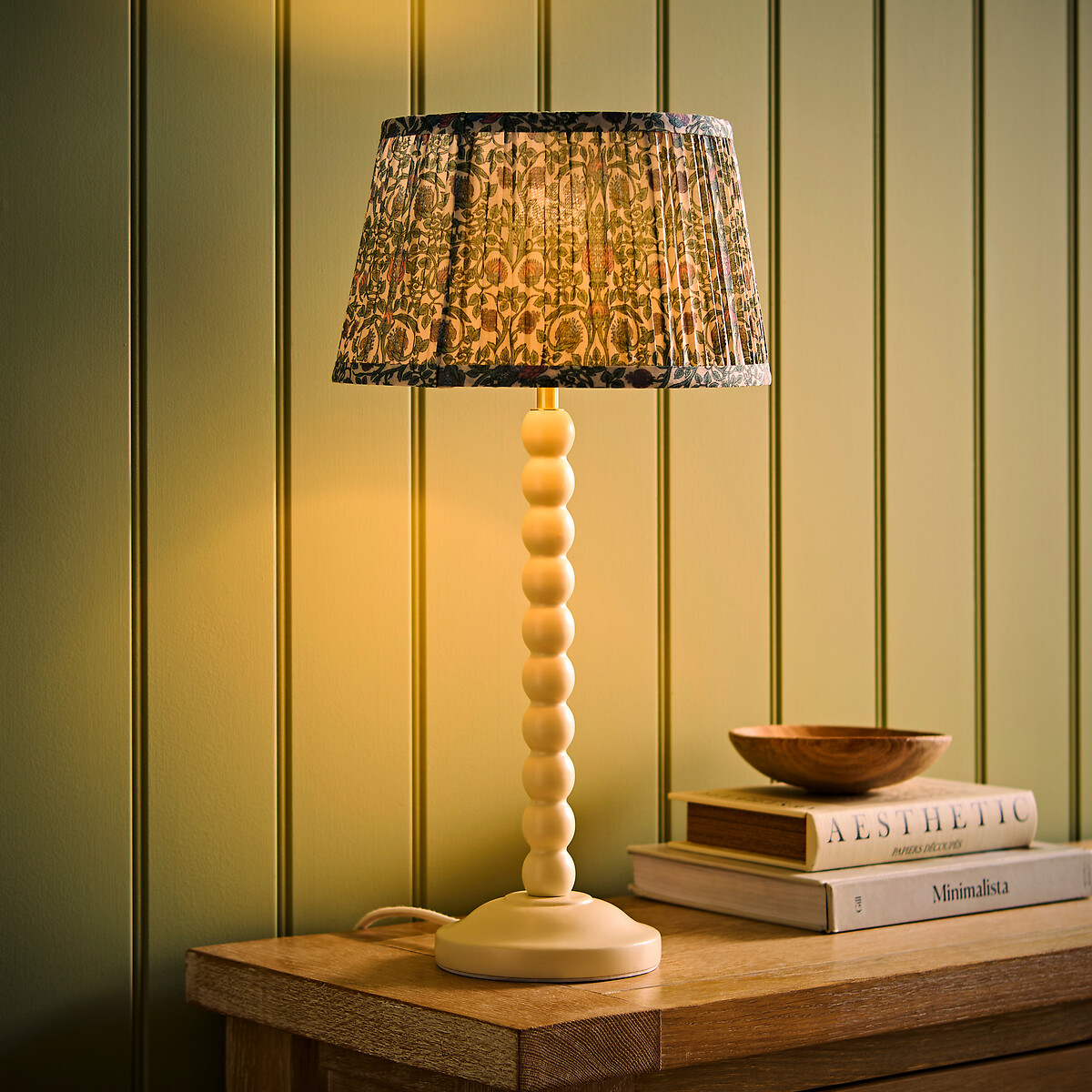 Bobbie Painted Cream Bobbin Table Lamp with Floral Pleated Shade green, SO'HOME