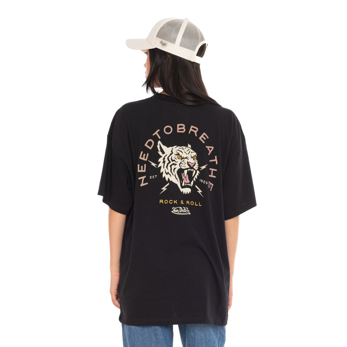 Tee shirt coton Tiger noir/beige/rose, VON DUTCH
