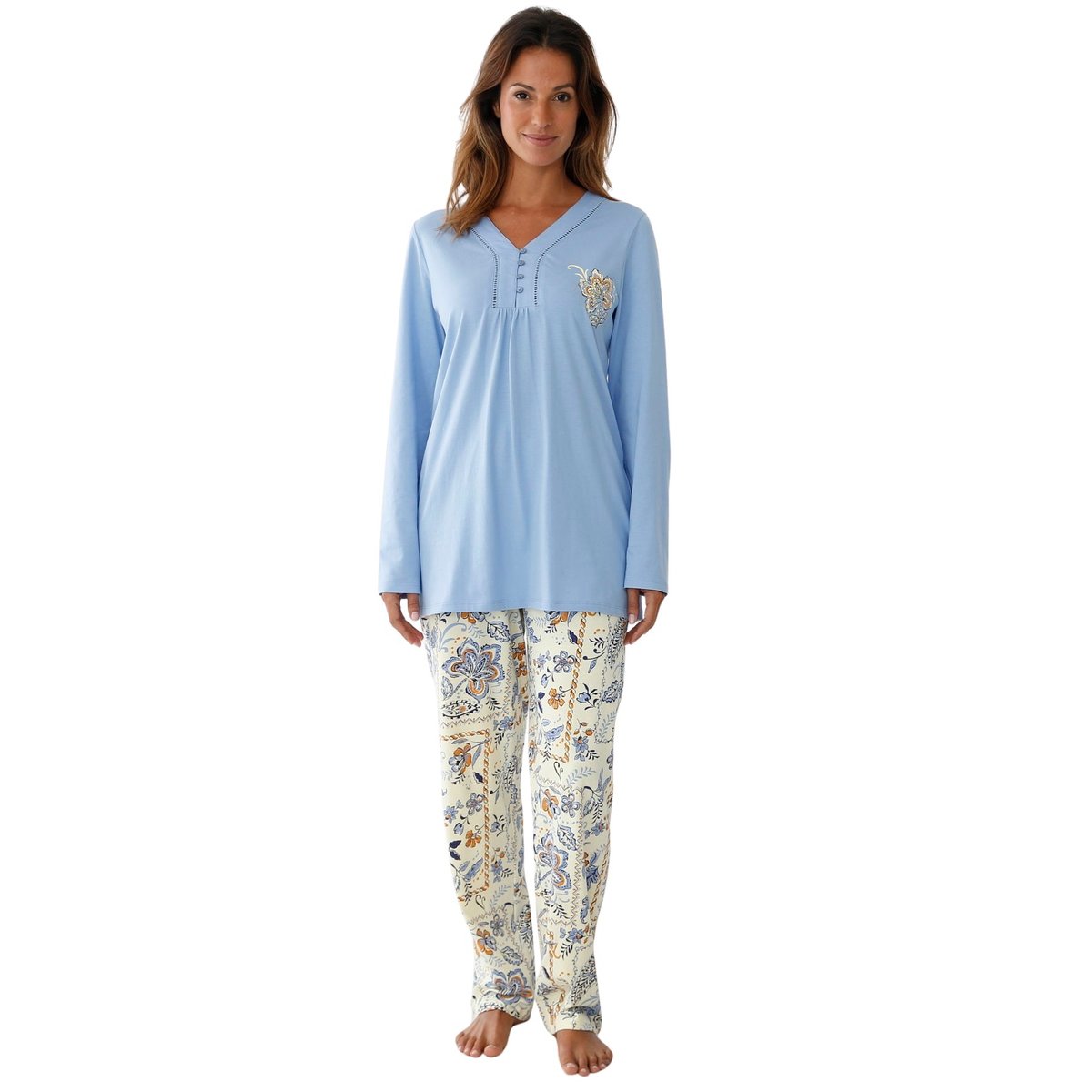 Pyjama femme maille pur coton imprimé bleu, DAXON
