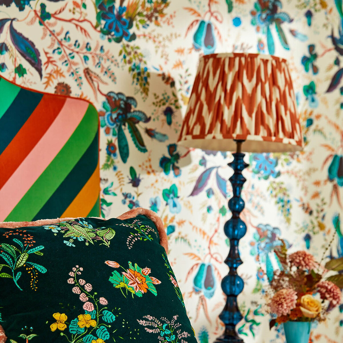 Wonderland Floral Lapis Emerald Carnelian Wallpaper cream, HARLEQUIN X SOPHIE ROBINSON