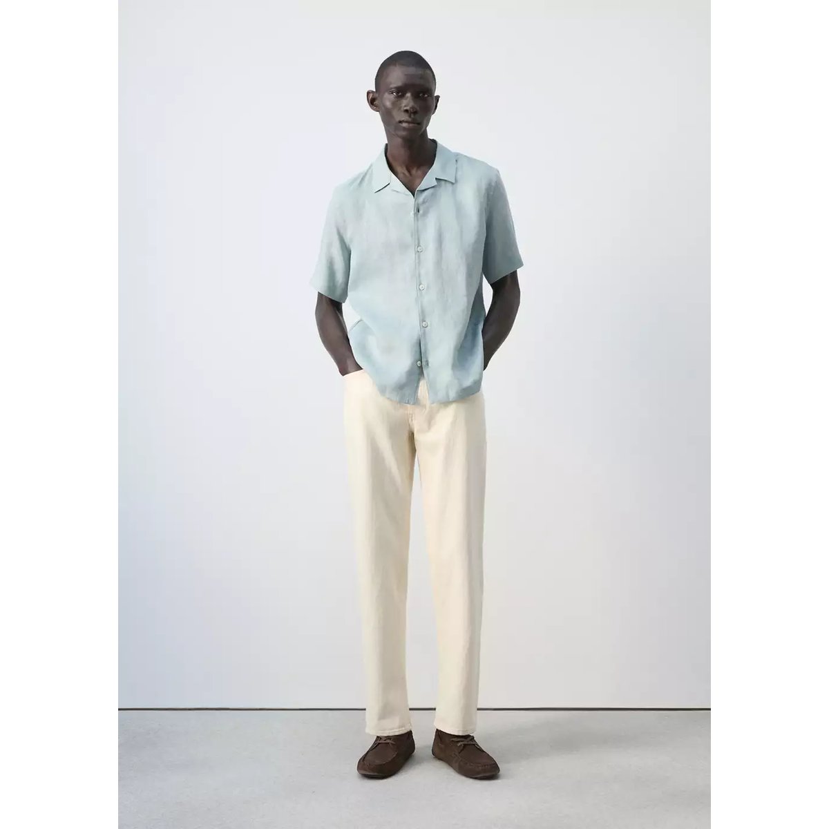 Chemise 100 % lin col bowling bleu porcelaine, MANGO MAN