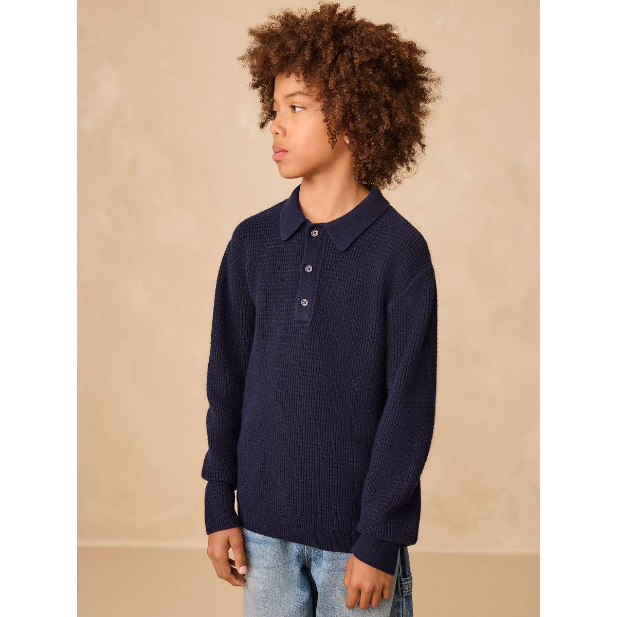 Polo en maille à col boutonné bleu marine, NEXT
