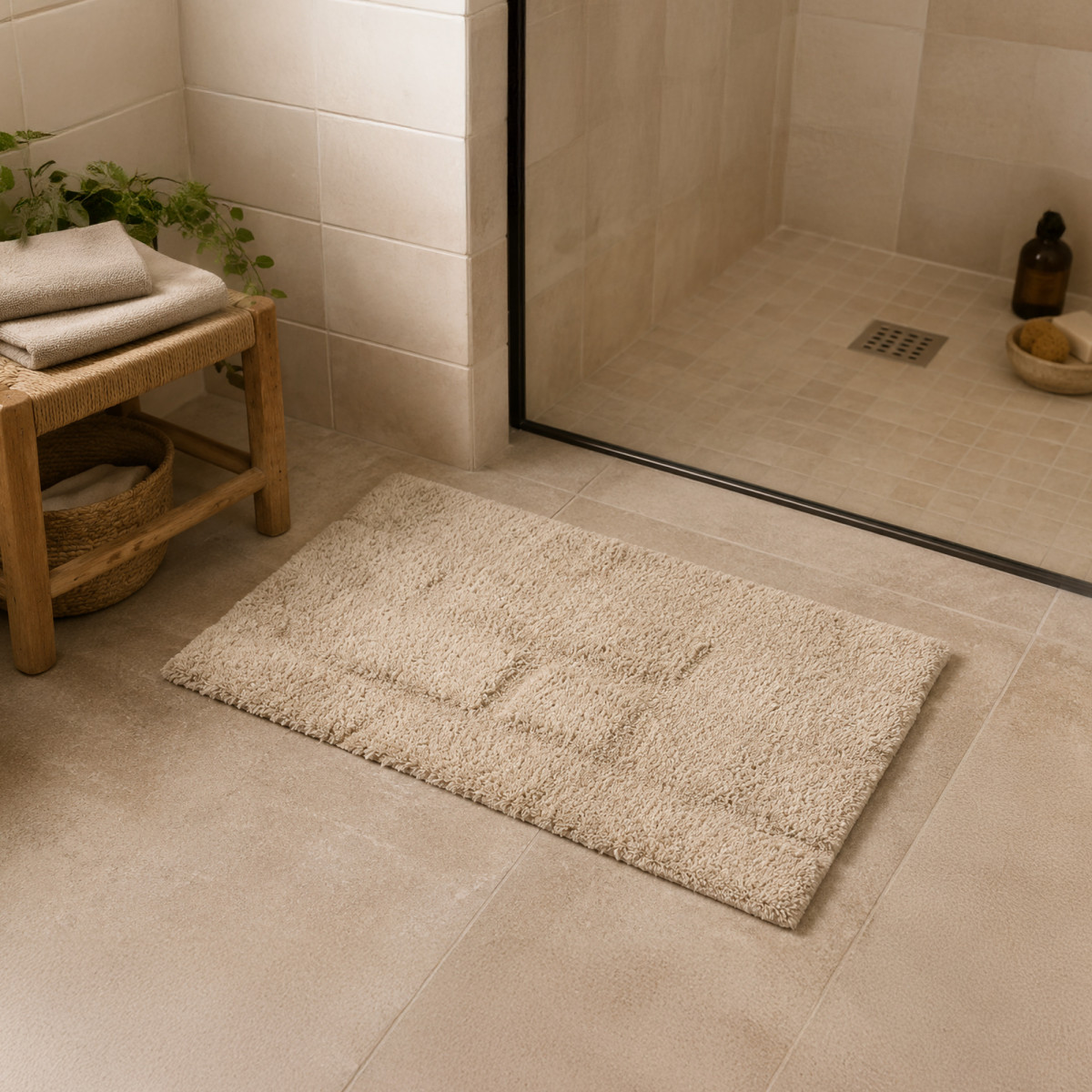 Tapis de bain motifs embossés en coton tufté NOAH beige, GUY LEVASSEUR