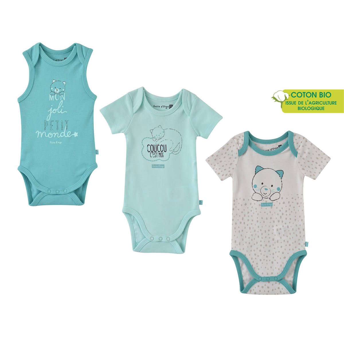 Lot 3 body coton bio eitan bleu, SUCRE D'ORGE