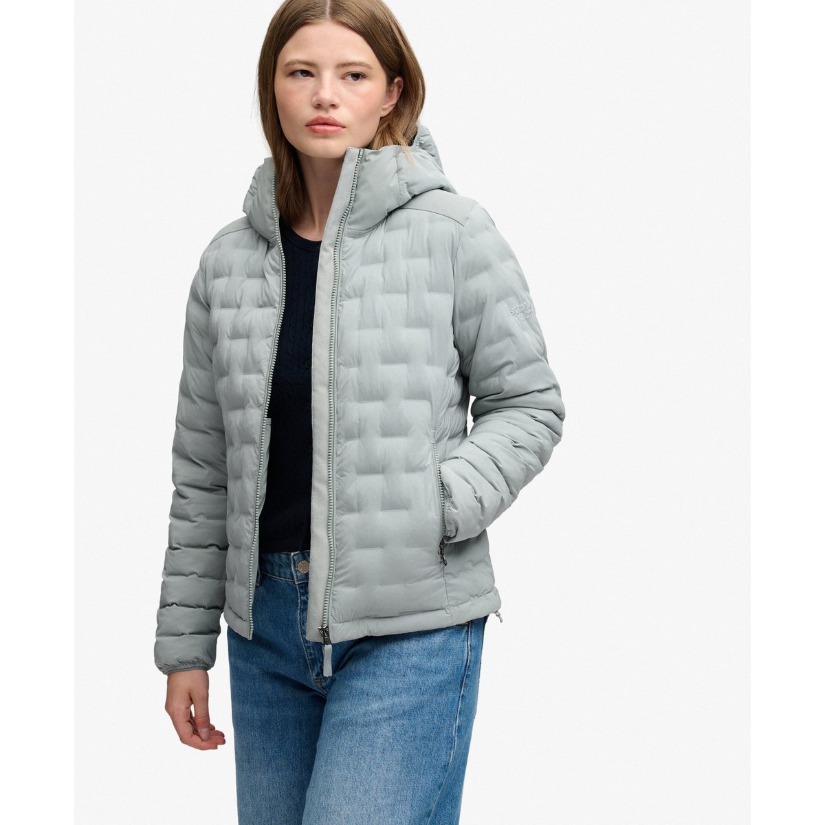 Doudoune Hooded Heat Weld Coupe Ajustée texture gris pâle, SUPERDRY