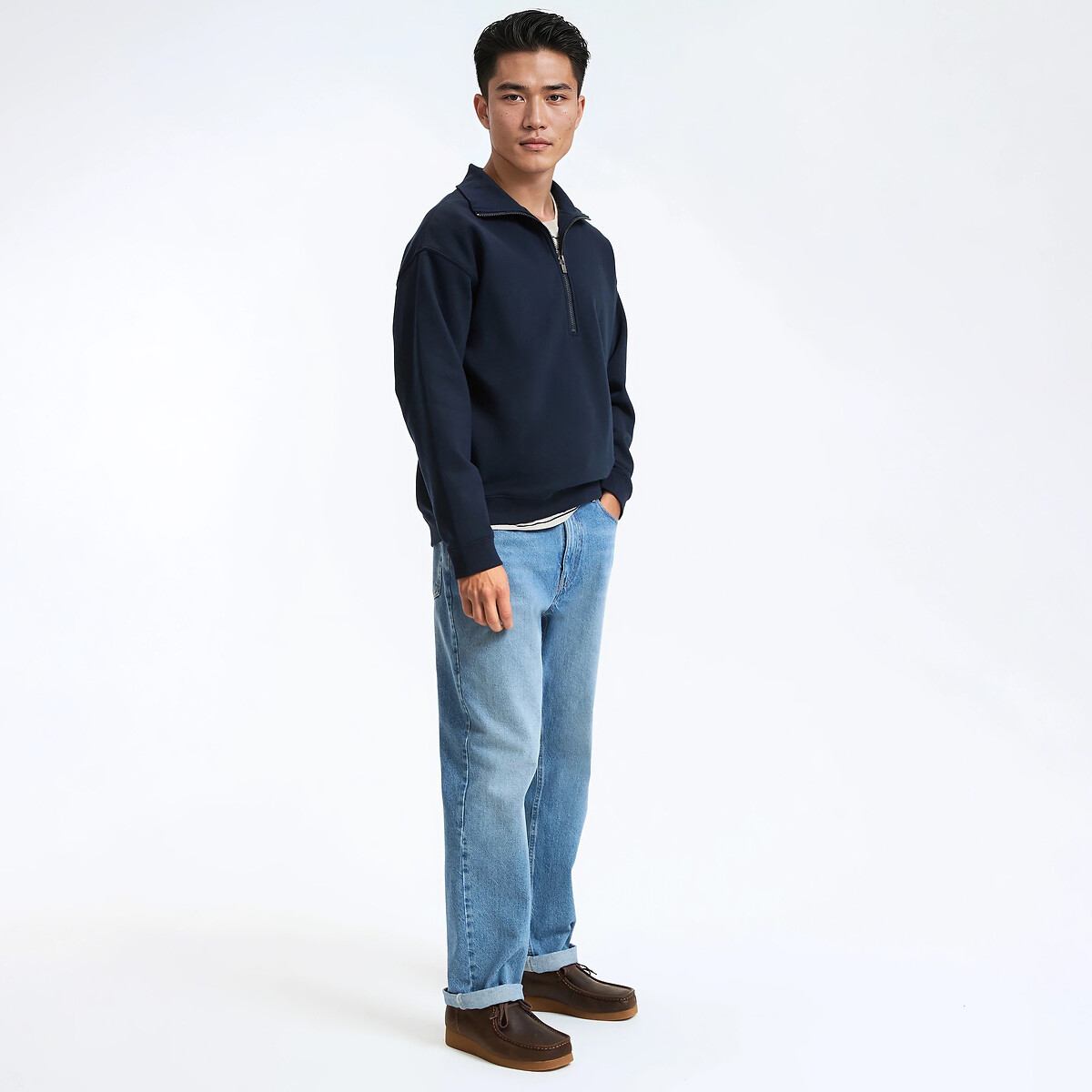 Sweater met schipperskraag en rits marineblauw, LA REDOUTE COLLECTIONS