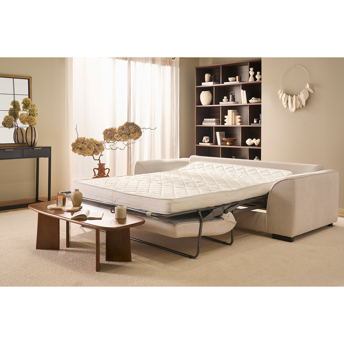 Canapé convertible 3 places en tissu effet velours taupe avec matelas 12 cm ARMAND beige, MILIBOO