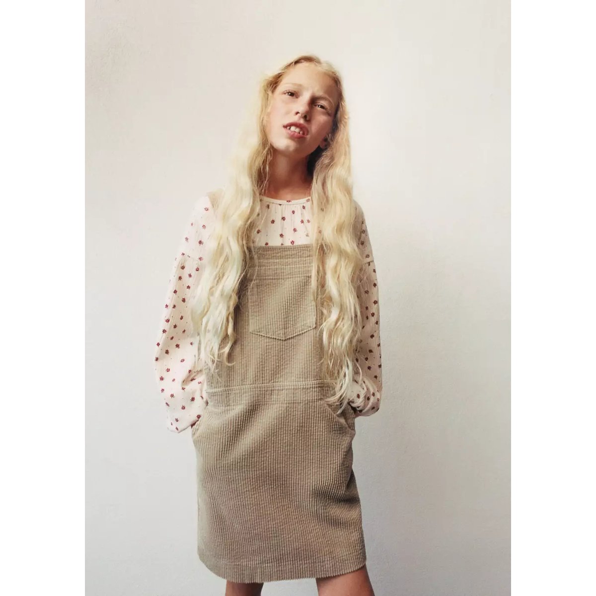 Robe chasuble velours côtelé beige, MANGO KIDS