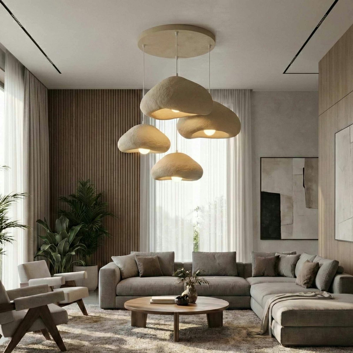 Suspension ronde 4 lampes hauteur réglable NOXIS beige, PIER IMPORT
