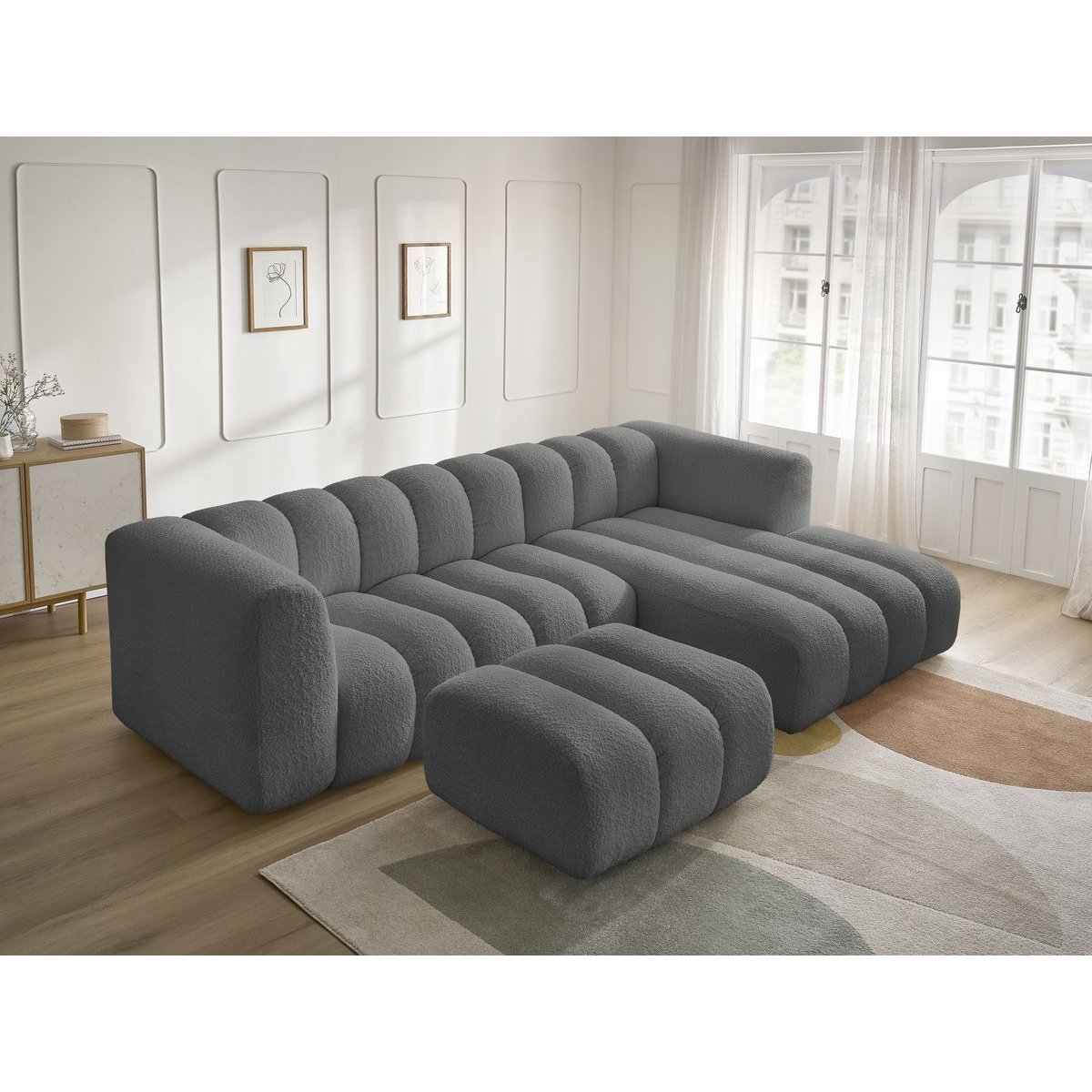 Canapé d'angle fixe 4 places en tissu bouclette avec pouf, TALIA gris foncé, BOBOCHIC