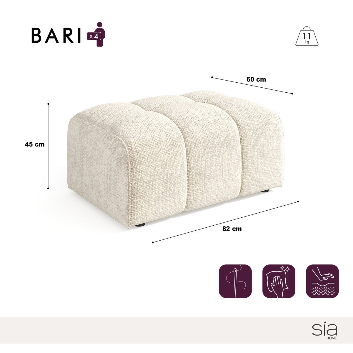 Pouf en velours chenillé BARI crème, SIA HOME