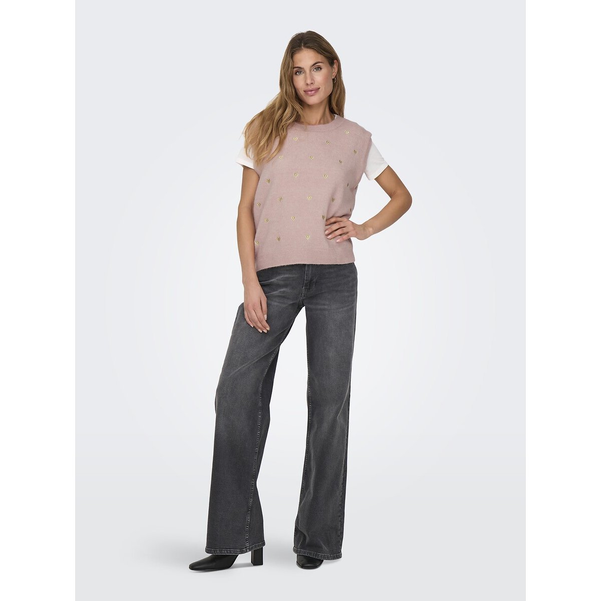 Pull col rond manches courtes rose, ONLY
