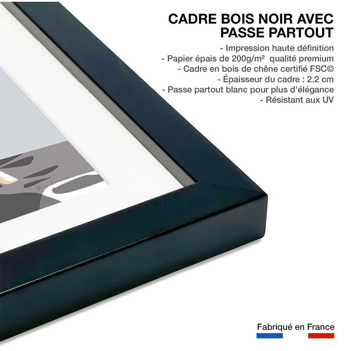 Affiche voyage le bleu de Santorin affiche + cadre en bois - noir, HEXOA