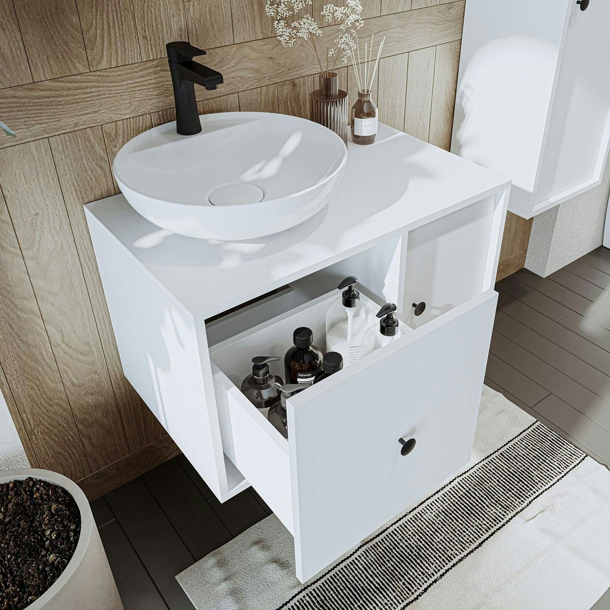 Meuble suspendu 1 tiroir 1 porte + vasque ronde EBE blanc, PIER IMPORT