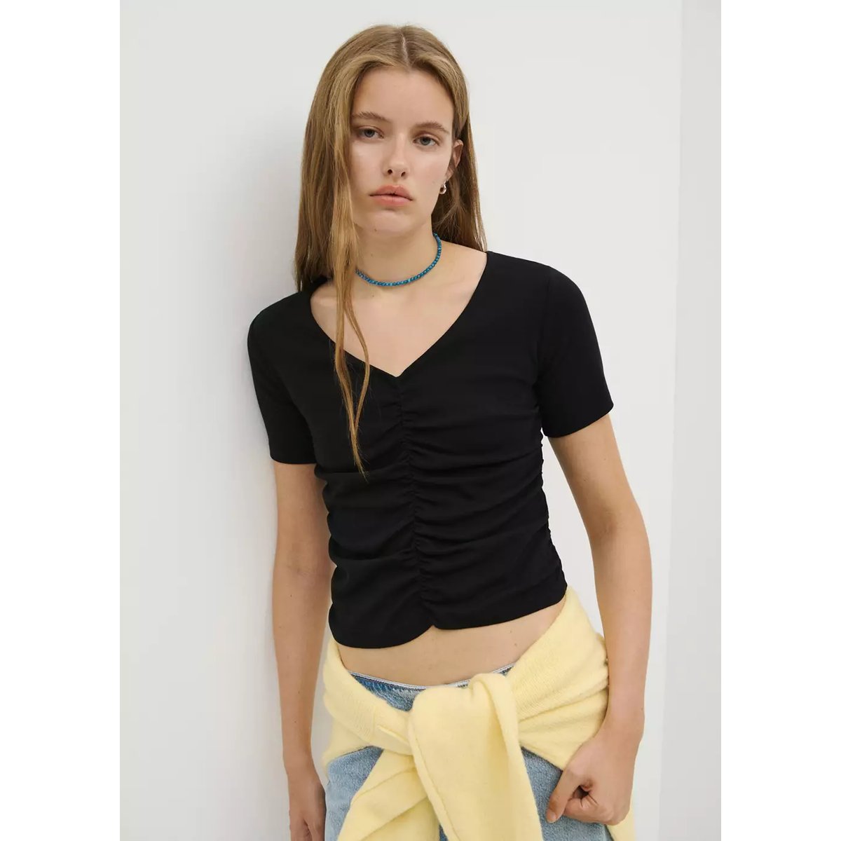 T-shirt coton drapé noir, MANGO TEEN