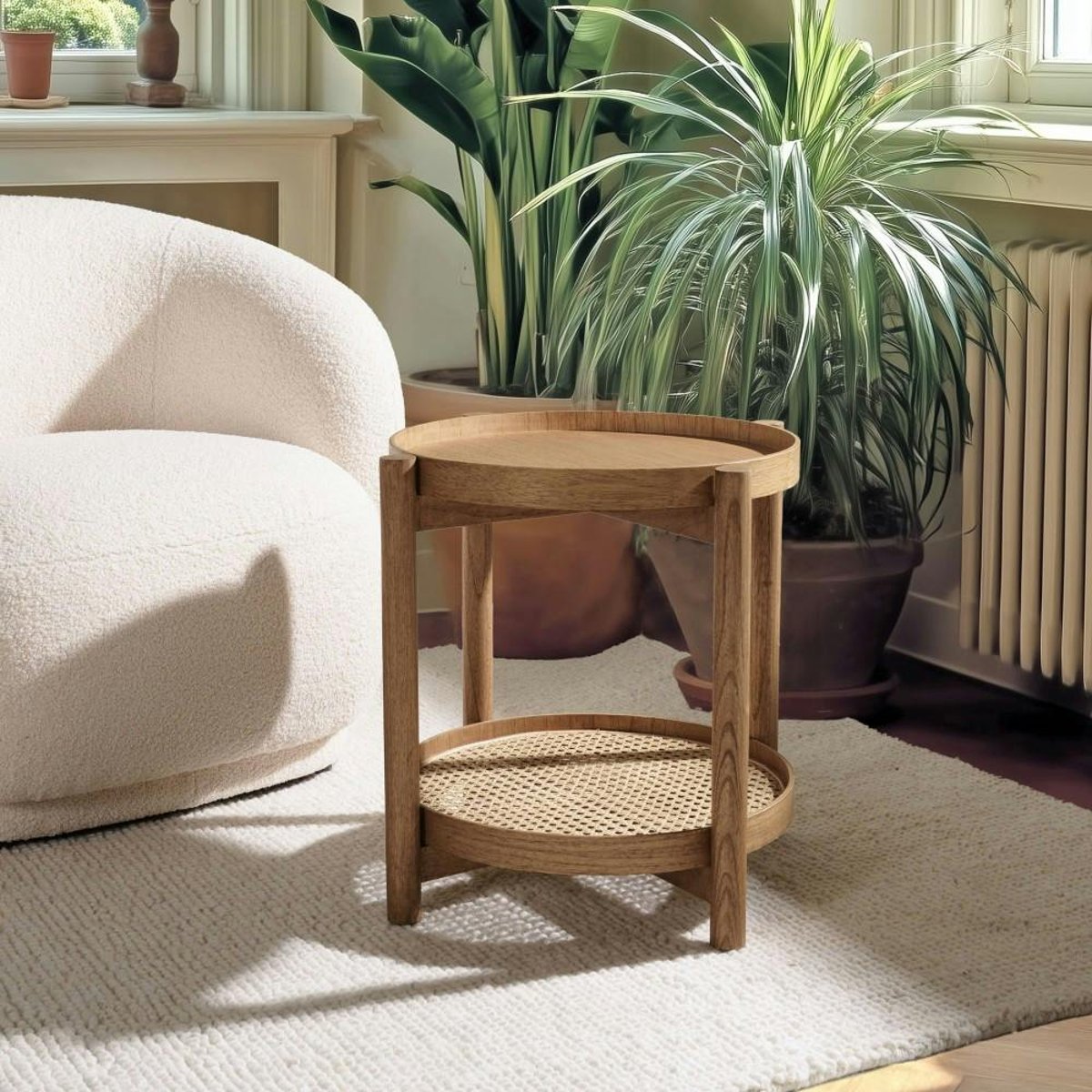 Table d'appoint en mindi 45.5cm avec tablette en rotin naturel TIVARO bois naturel, PIER IMPORT