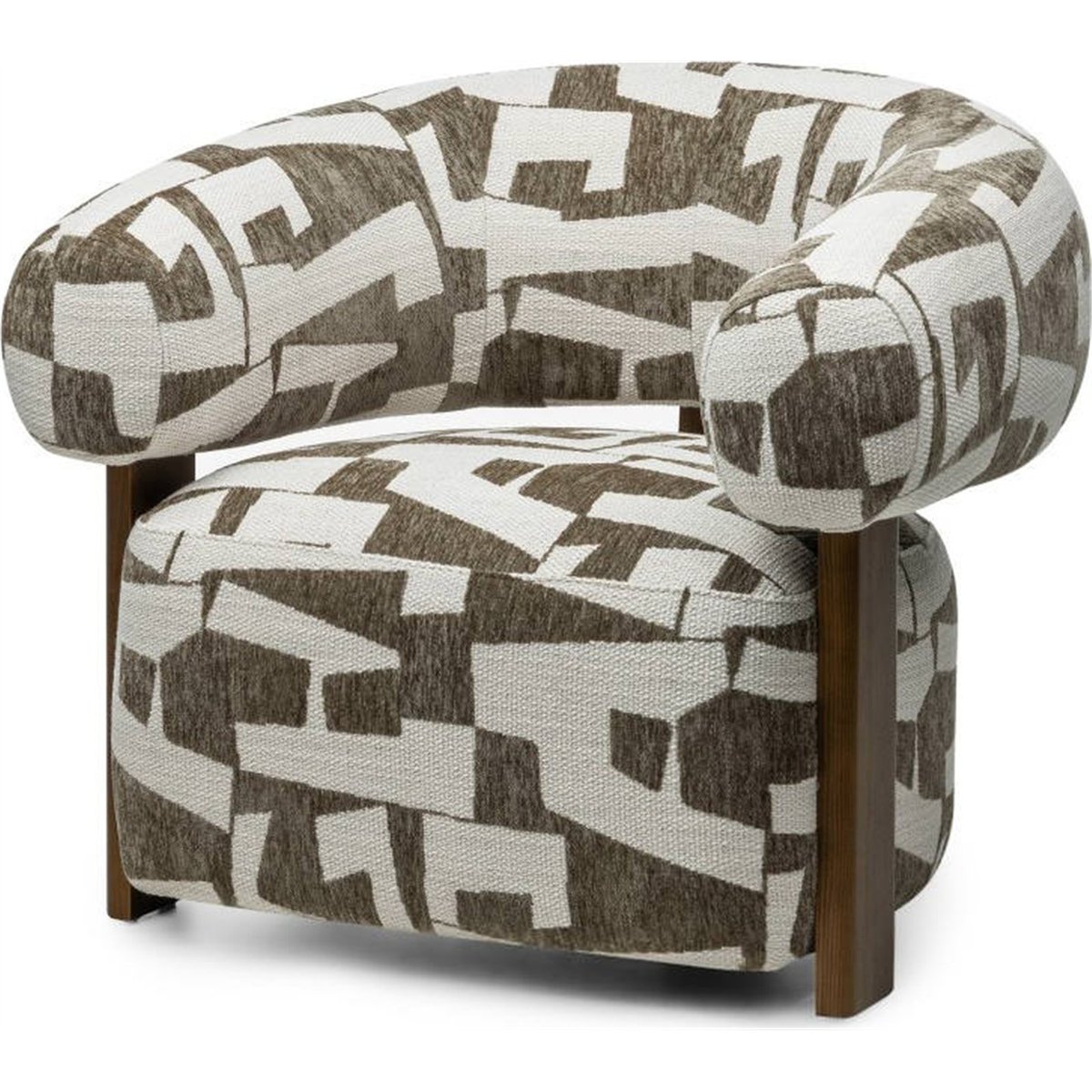 Fauteuil lounge ANNABEL aux formes arrondies olive et crème avec pieds noyer, RECOLLECTION
