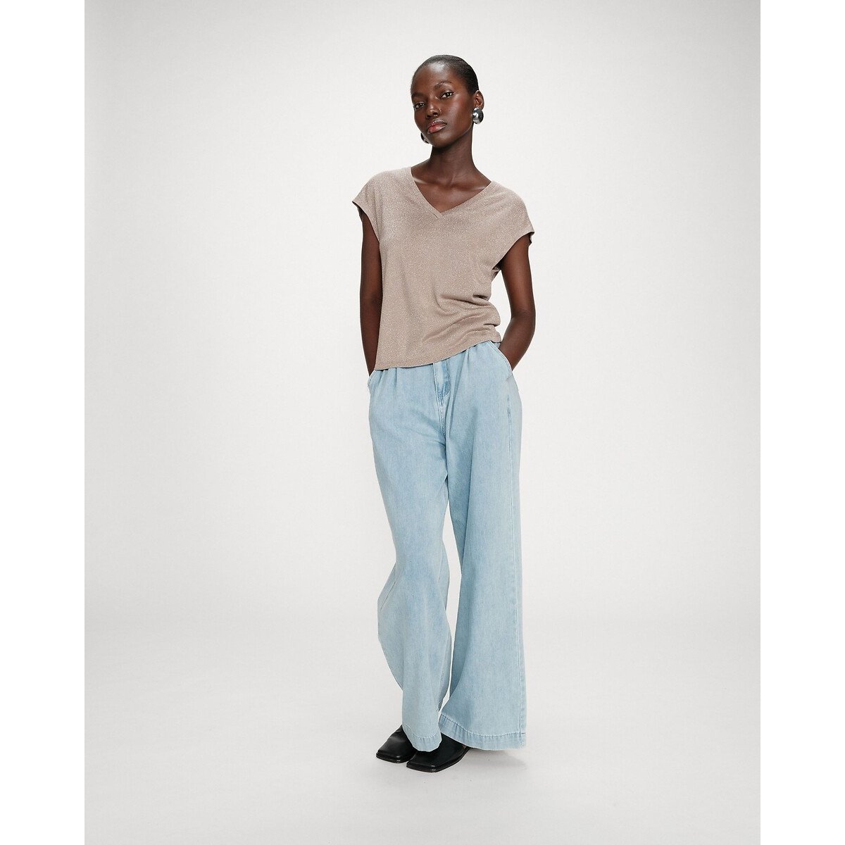 T-shirt en fil textile col V VALSONS beige, GRACE & MILA
