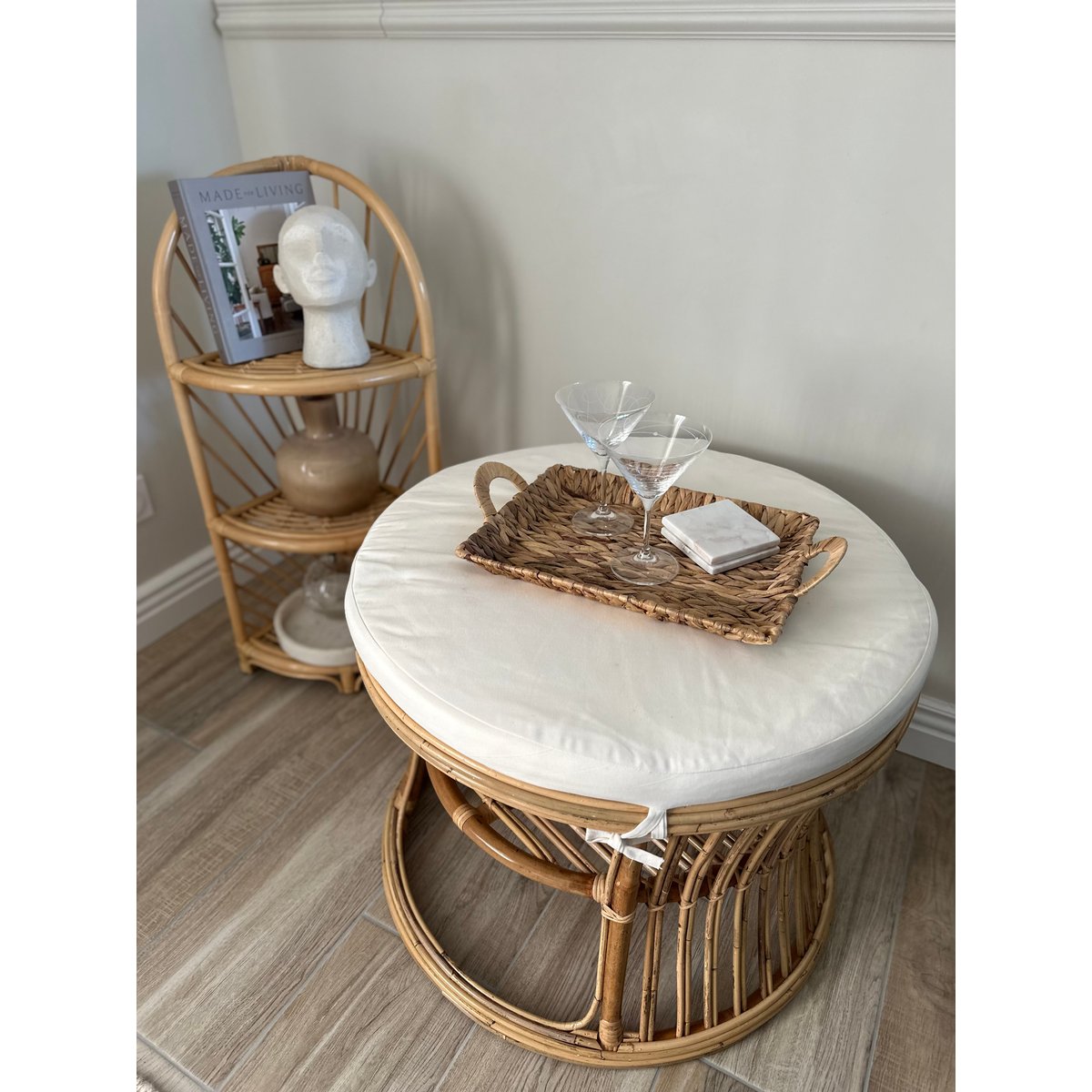 Pouf tissu et rotin, SERAM beige, NORDLYS