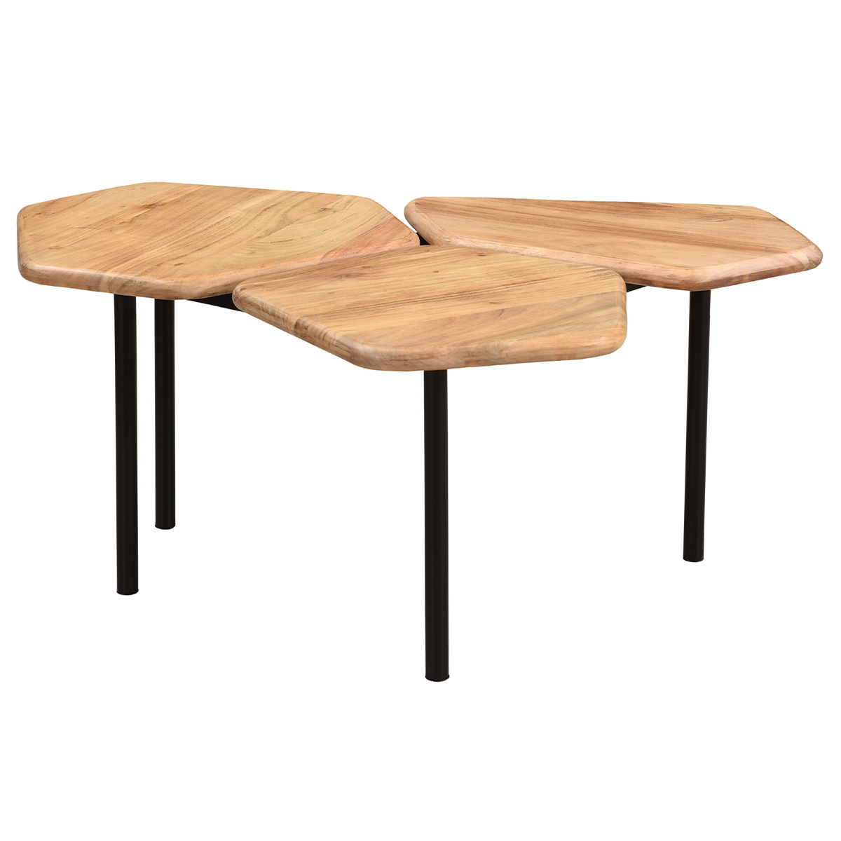 Table basse 3 plateaux bois massif et métal noir L95 cm SUZANE naturel, MILIBOO