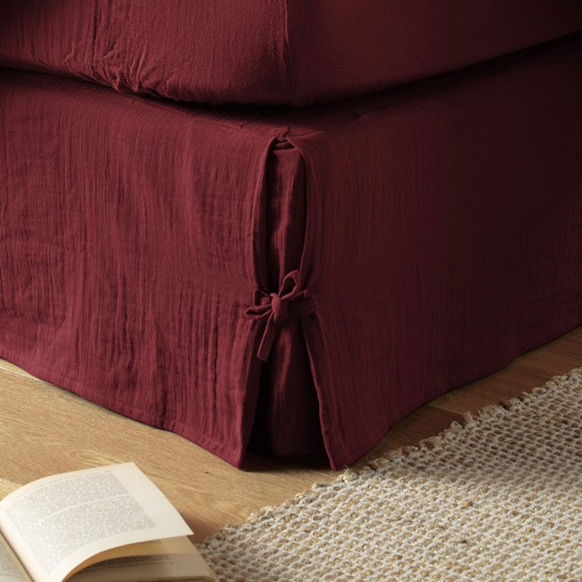 Cache sommier, en 100 % Gaze de coton, avec volant 30 cm lie de vin, EDEN