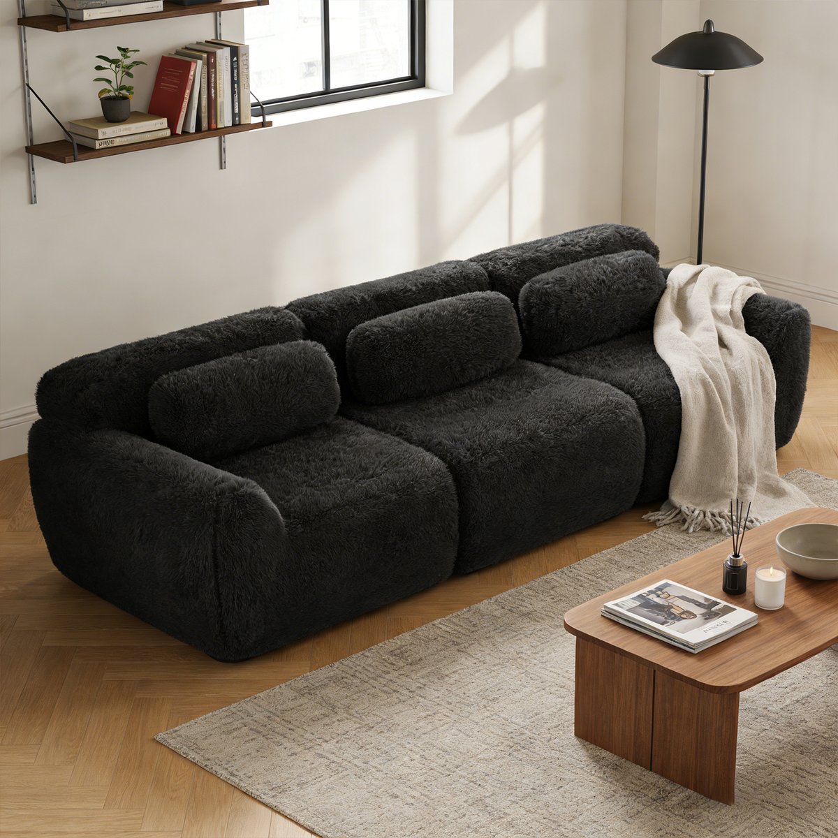 Canapé droit 3 places design moderne, WIND noir, MEUBLES COSY