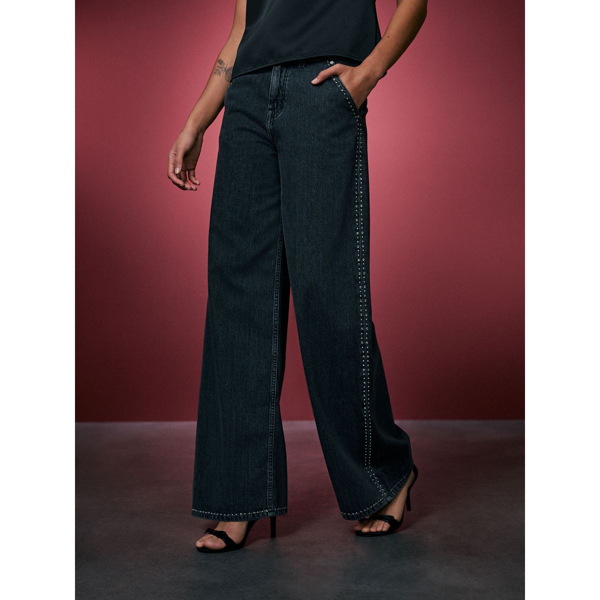 Jean large palazzo taille haute avec clous gris, NEXT