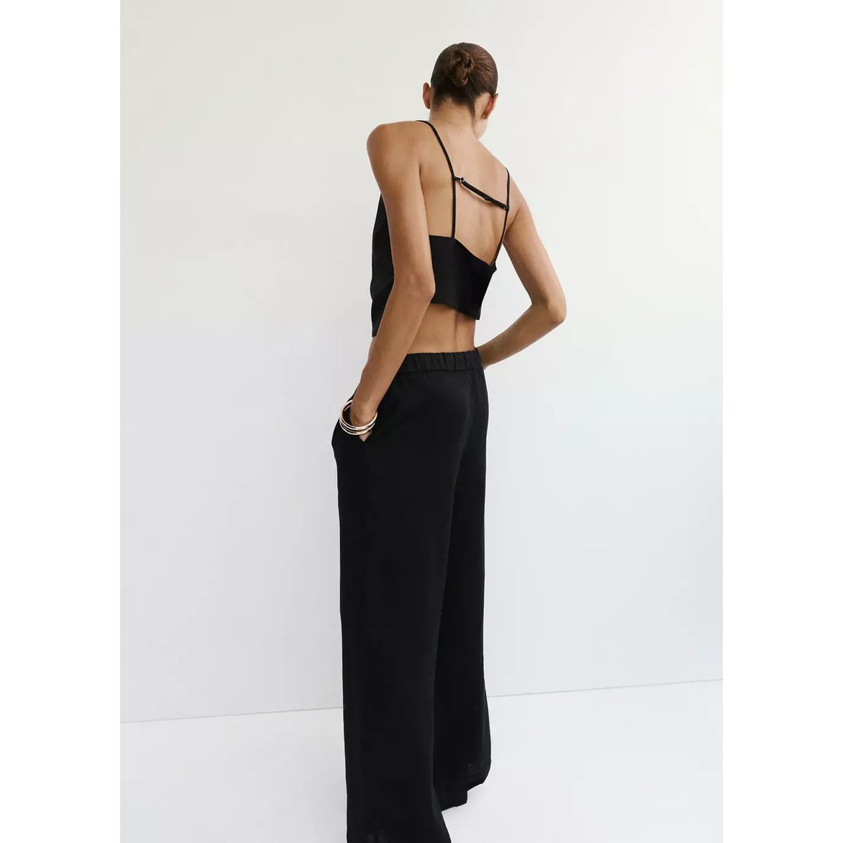 Pantalon wide leg en lin noir, MANGO