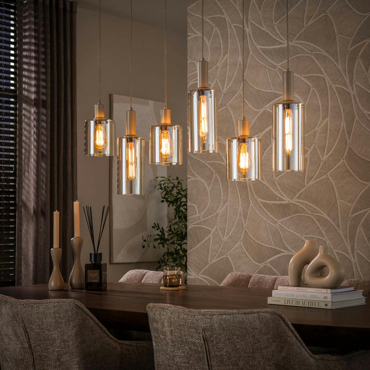 Suspension de table 6 lampes verre ambré métal beige RALF beige, PIER IMPORT