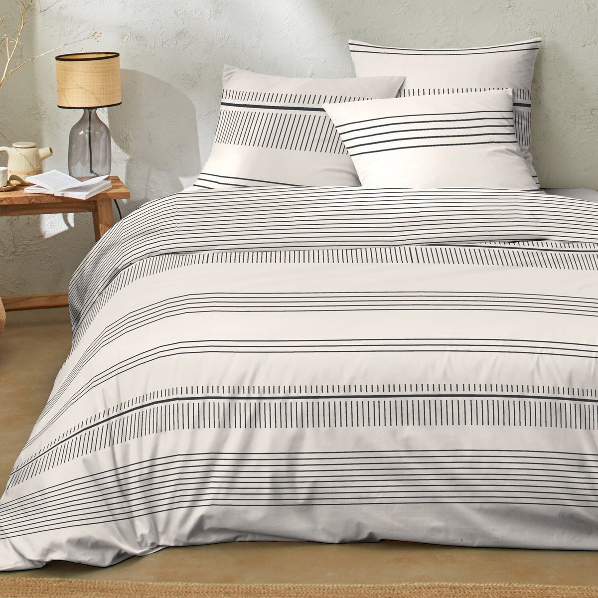 Parure housse de couette coton imprimés, hugo ecru ficelle, C DESIGN HOME TEXTILE