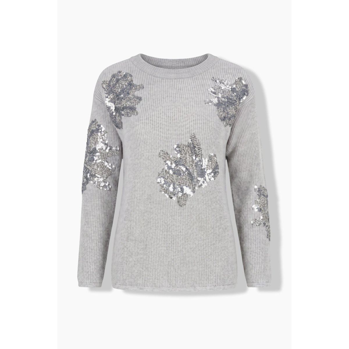 Pull coupe Classic Fit, broderies florales chiné gris moyen, ULLA POPKEN