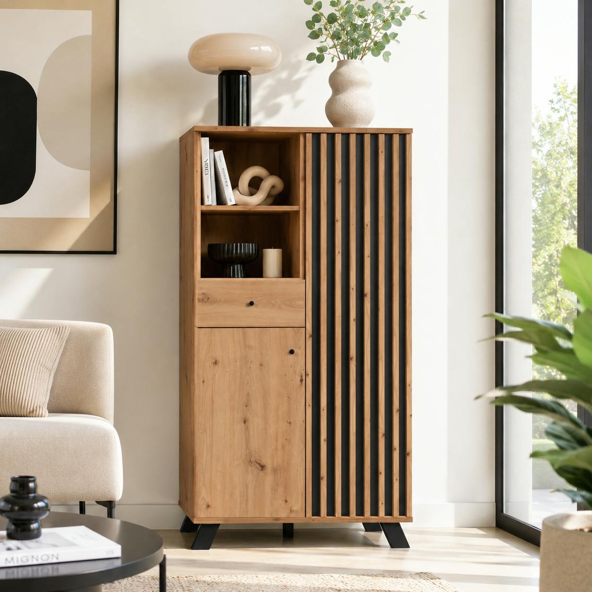 Buffet haut 1 porte noire rainurée 80 cm ALVA bois naturel, PIER IMPORT