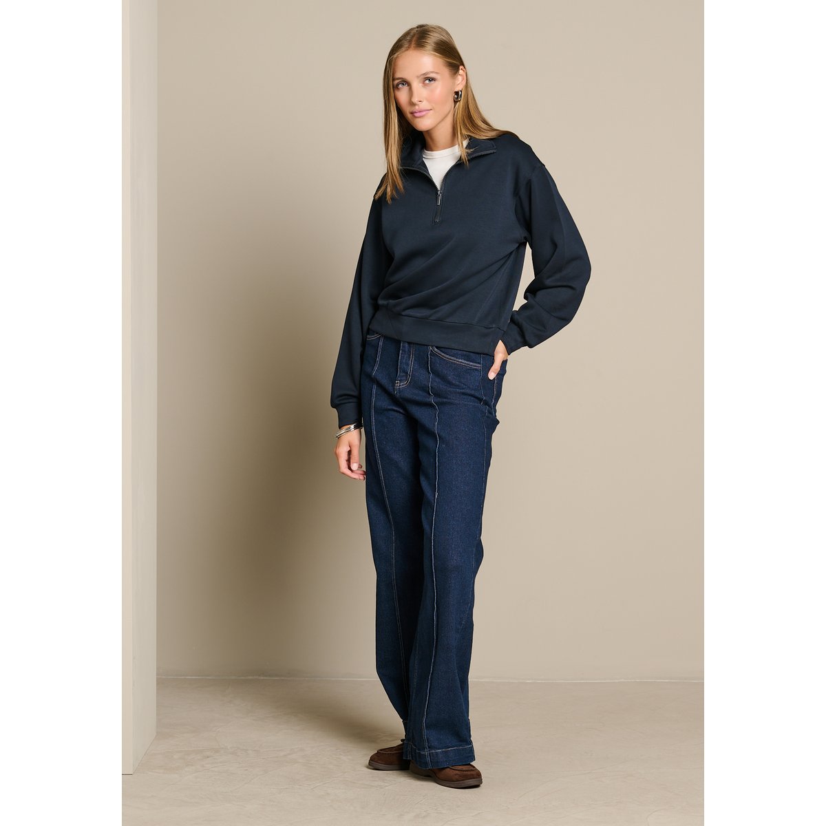 Sweat à col polo zippé bleu marine, LOLALIZA