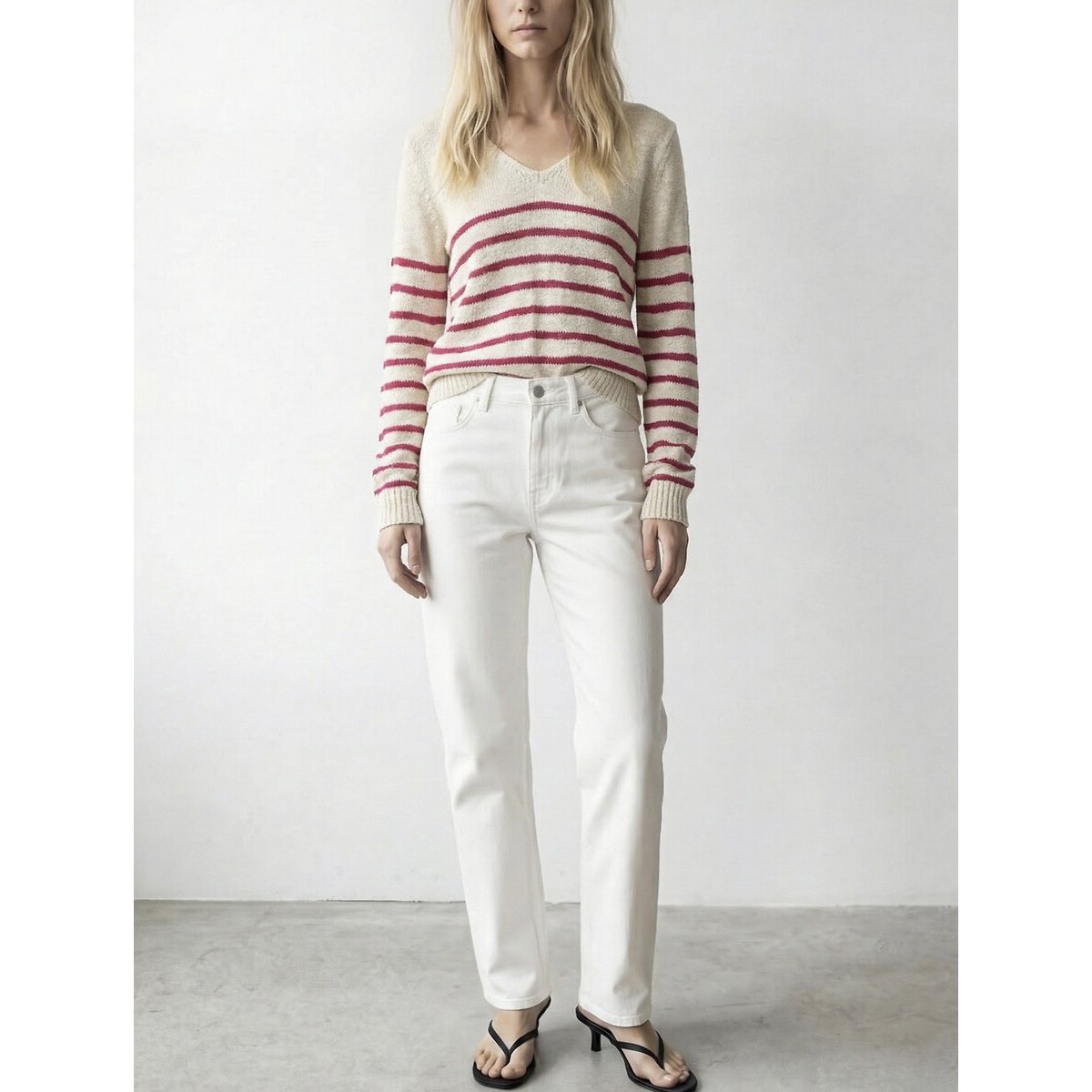 Pull rayé manches longues ecru/rose, VILA