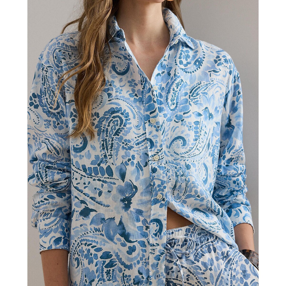 Chemise manches longues en lin imprimé cachemire rayé bleu/blanc, LAUREN RALPH LAUREN