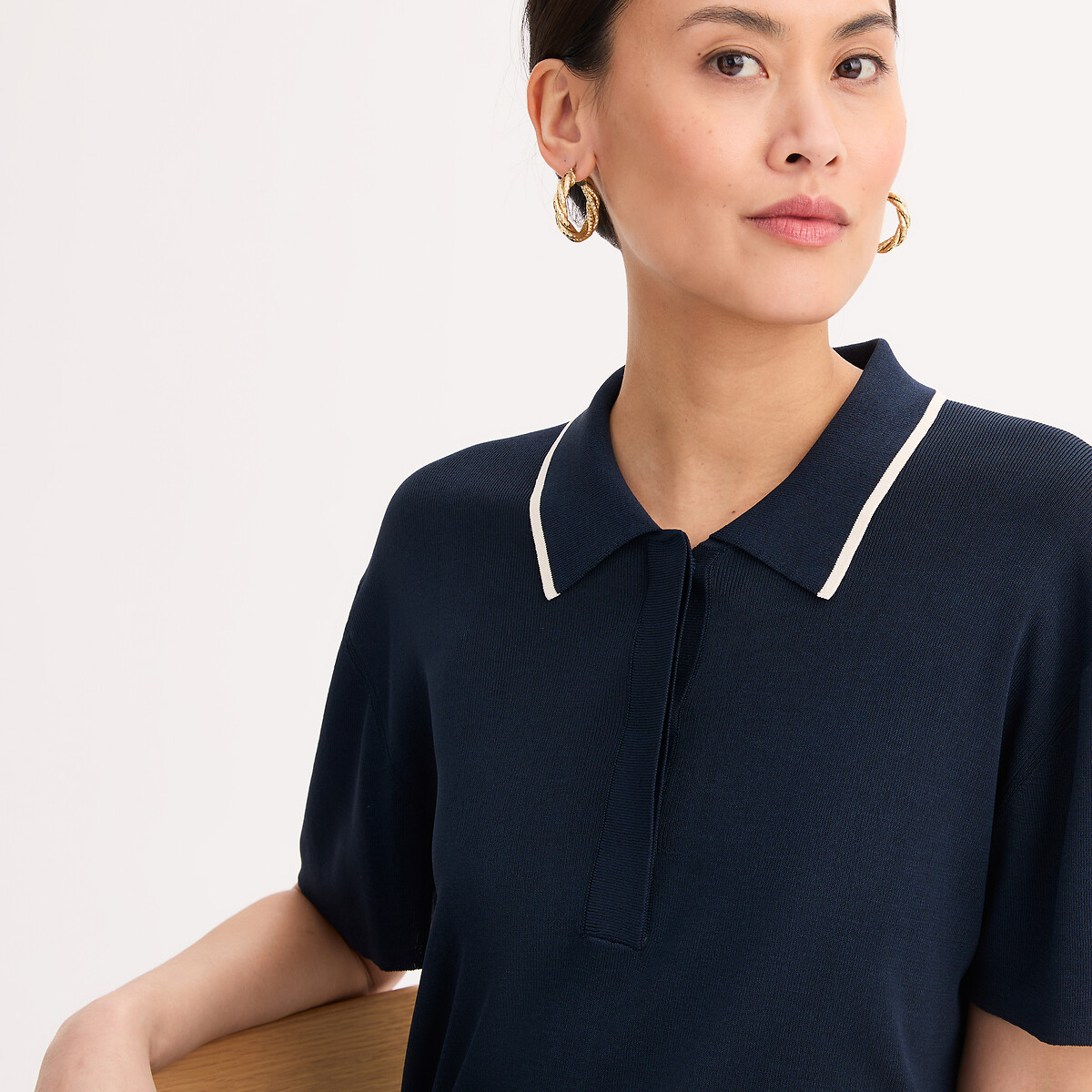 Pull col polo manches courtes en fine maille bleu marine, ANNE WEYBURN