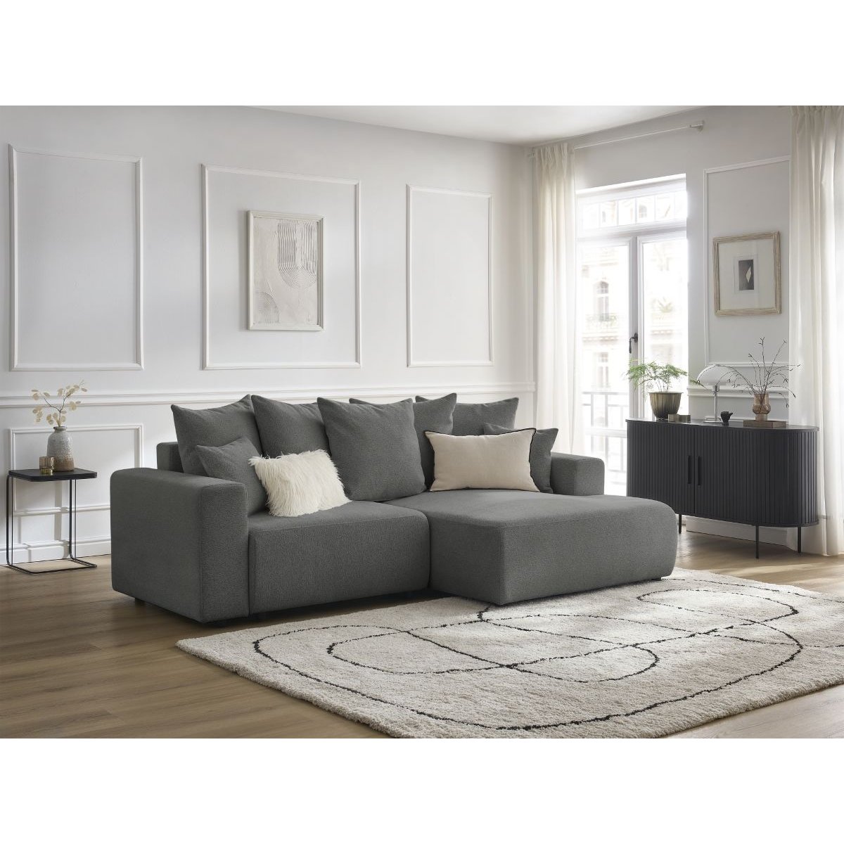 Canapé d'angle convertible 3 places en tissu chiné, ATILLA gris foncé, BOBOCHIC