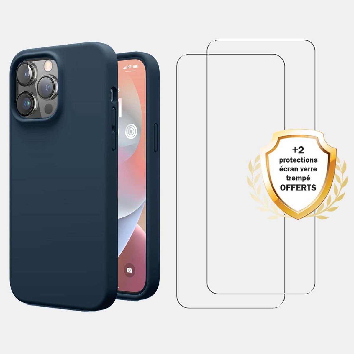 Coque iPhone 14 Pro Max antichoc + 2 vitres bleu, EVETANE