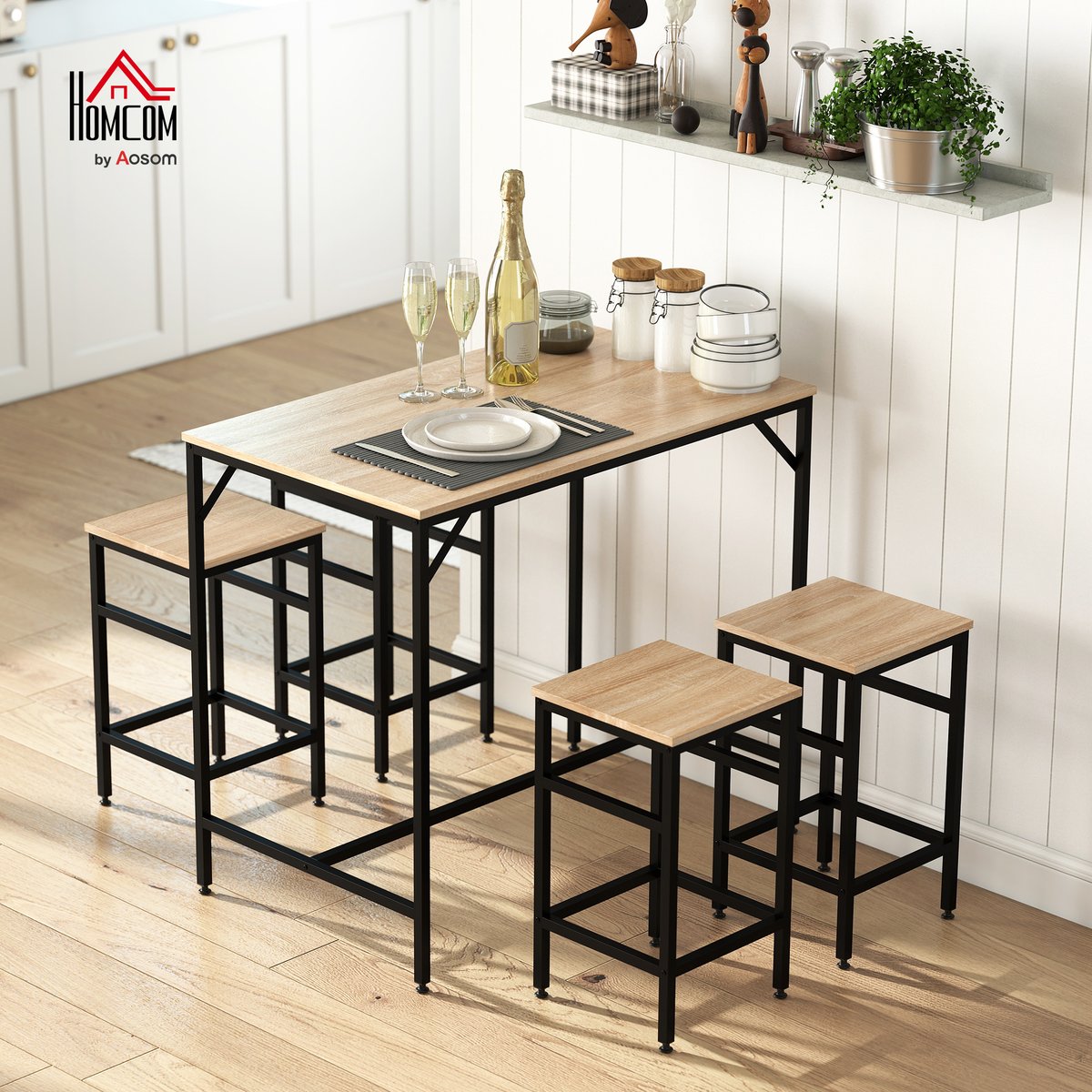 Ensemble de table de bar Métal Beige beige, bois clair, noir, HOMCOM