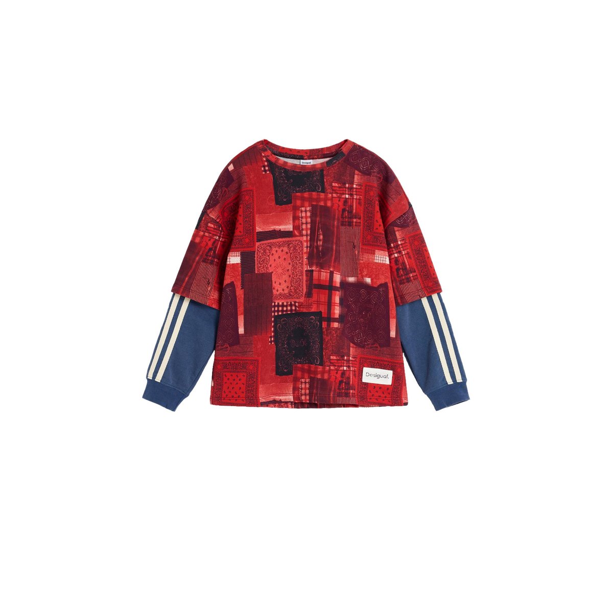 Sweat-shirt à manches doubles à carreaux bleu, DESIGUAL