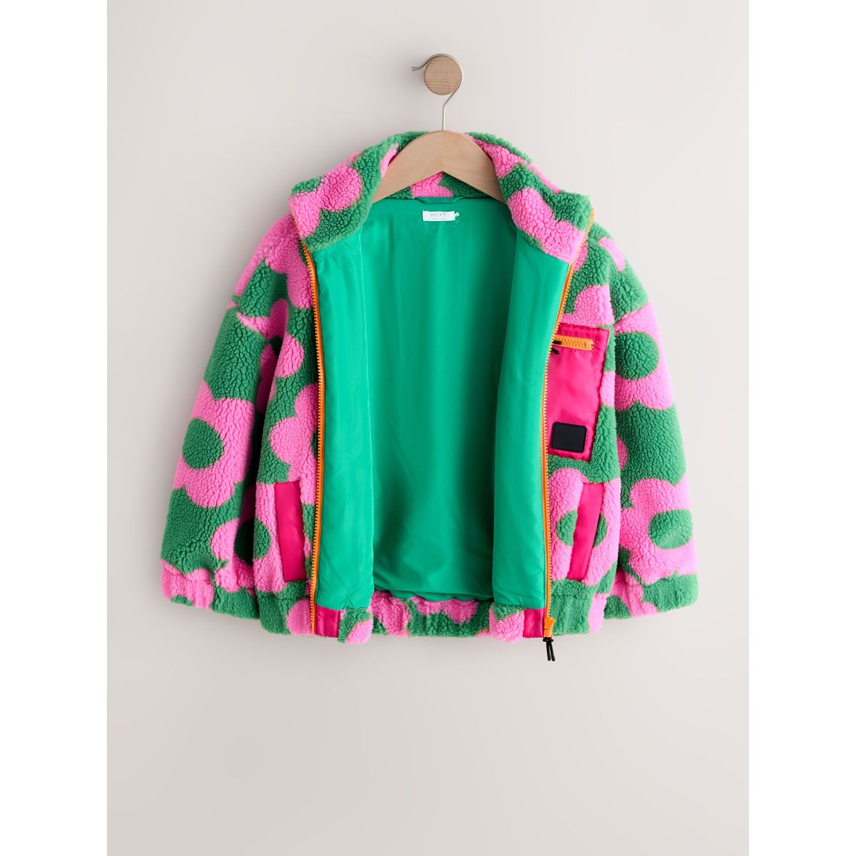 Veste en peau lainée zippée fleur rose/verte, NEXT