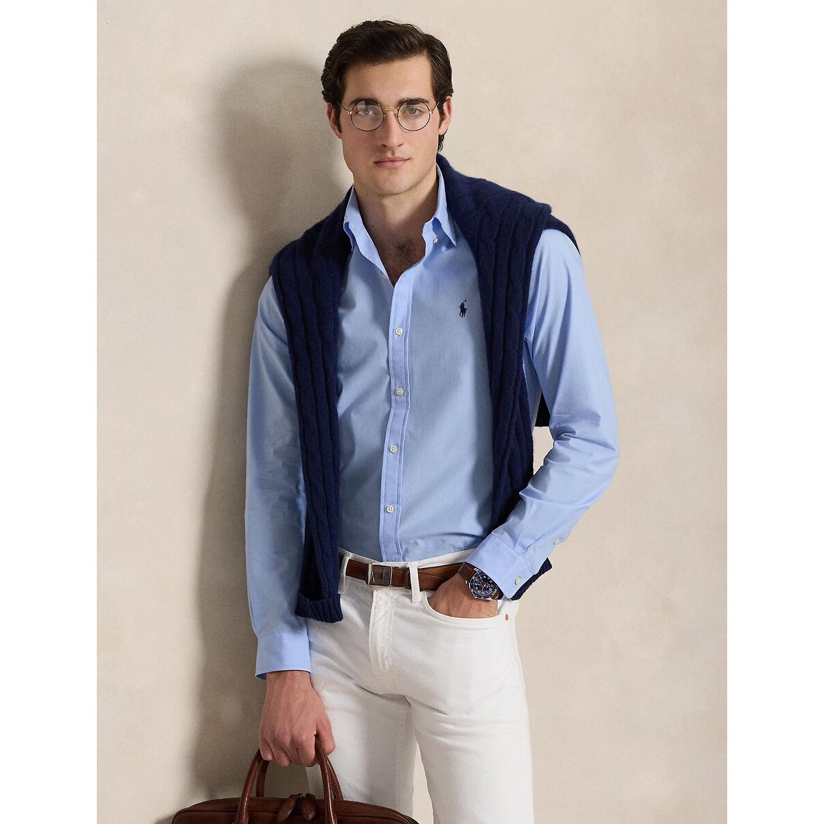 Camicia aderente chino con logo ricamato blu chiaro, POLO RALPH LAUREN
